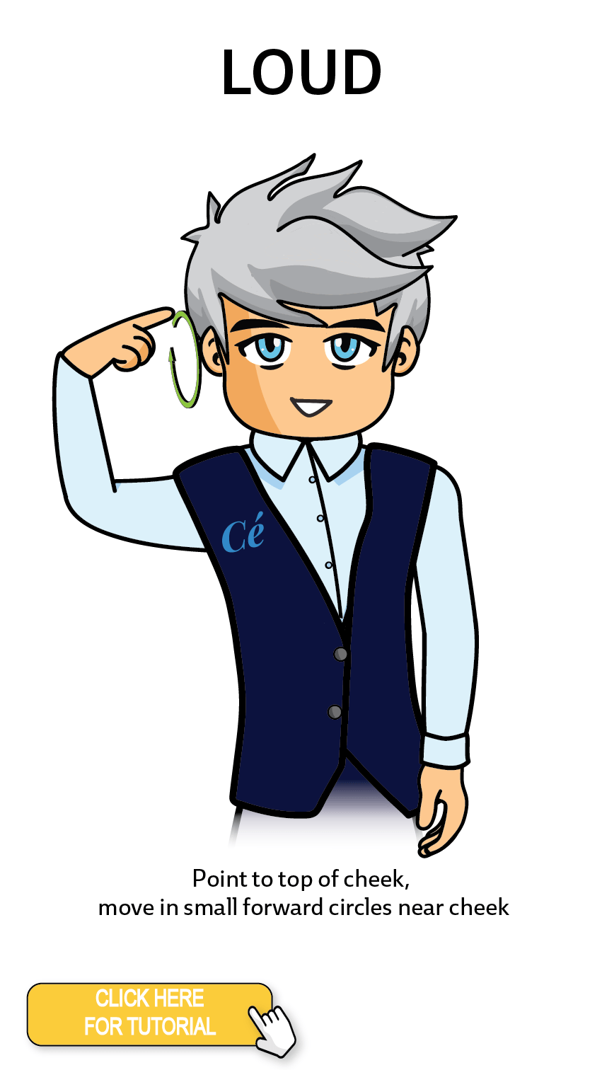 The Cérge character performing sign language for the word Loud. The Keyword Sign instructions are: Point to top of cheek, move in small forward circles near cheek.